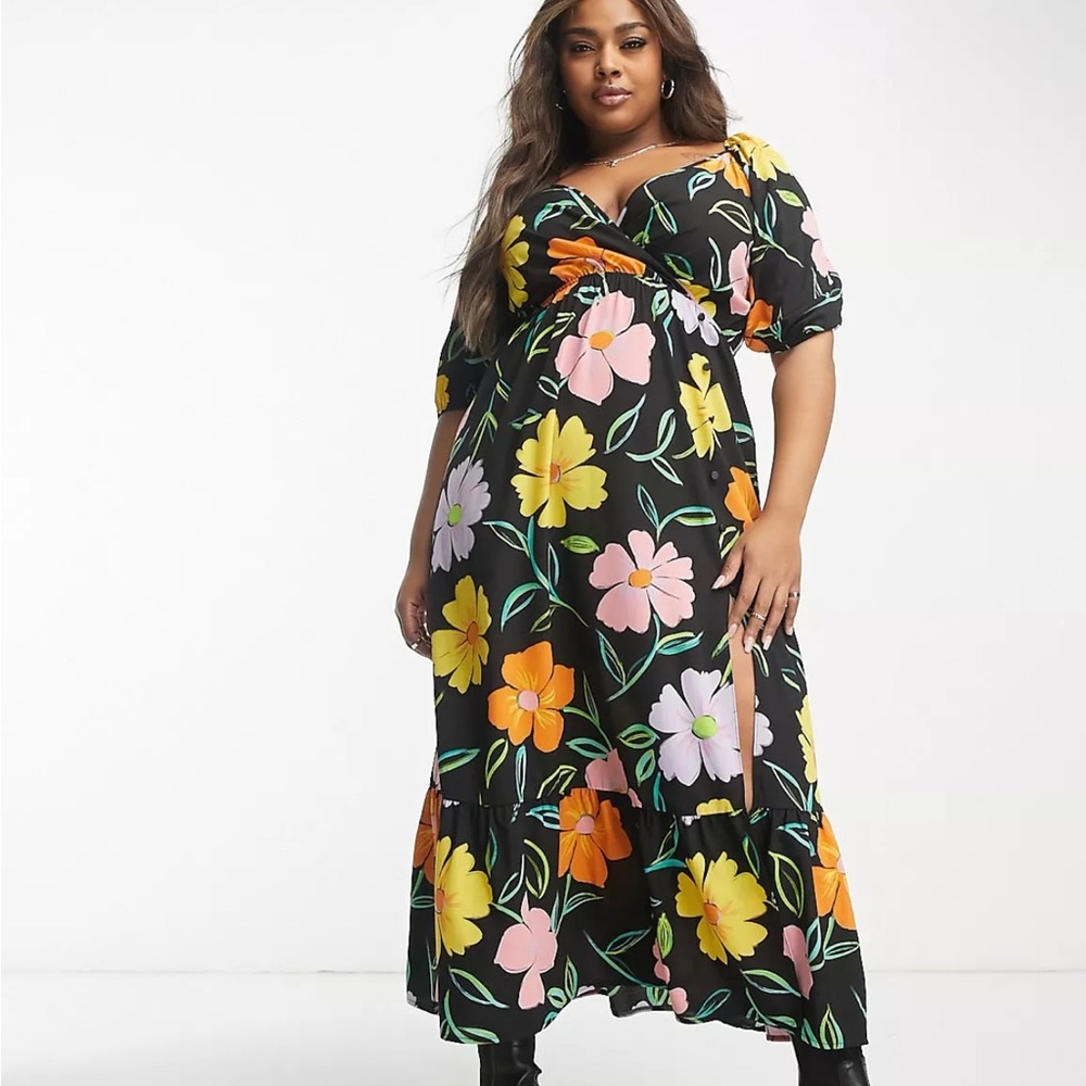 NEW without tags!! ASOS black pink floral boho crepe tier ruffle maxi dress 24